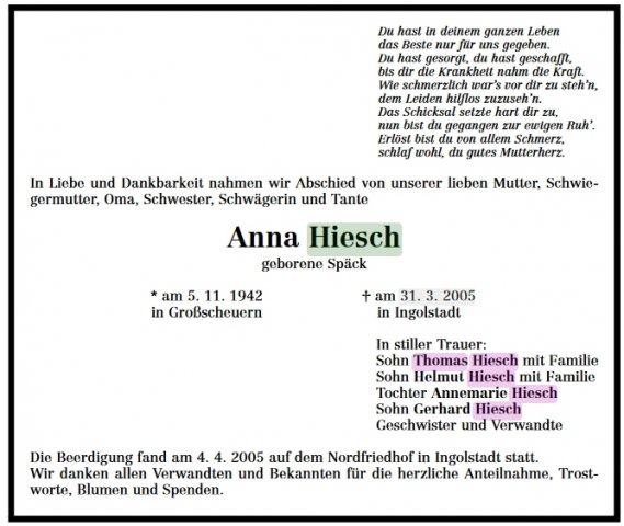 Spaeck Anna 1942-2005 Todesanzeige